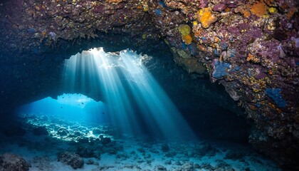 Sunbeams coral cave underwater wonder, vibrant marine life with colorful corals, crystal clear water, tranquil atmosphere, and soft sun rays illuminating the scene.