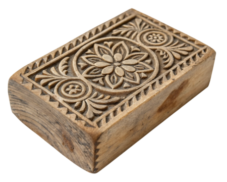 Carved Wooden Block with Intricate Floral and Geometric Design isolated on a transparent background