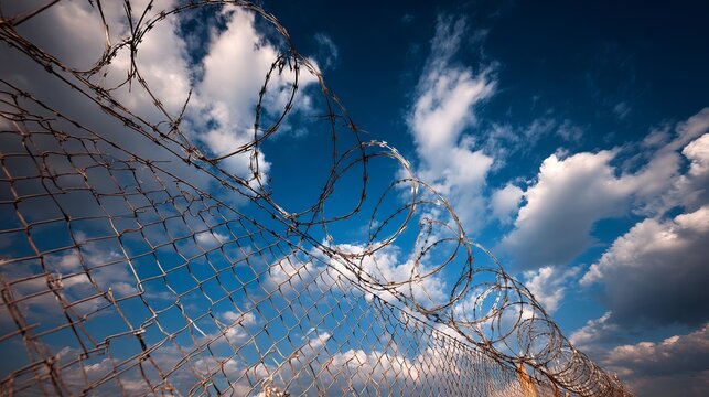 Dramatic barbed wire fence against a vibrant blue sky with fluffy clouds evokes feelings of restriction and freedom simultaneously