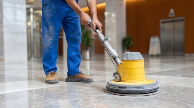 A laborer in blue overalls cleans a marble floor with a yellow rotary floor machine, showcasing diligent work in a well-lit environment.