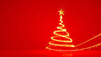 christmas tree from light spark on red background and copy space