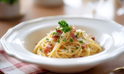  a spaghetti carbonara dish in a bone china plate