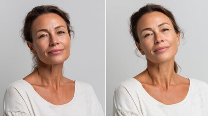 A serene middle-aged woman with light skin and dark hair, showcasing a calm expression against a neutral backdrop.