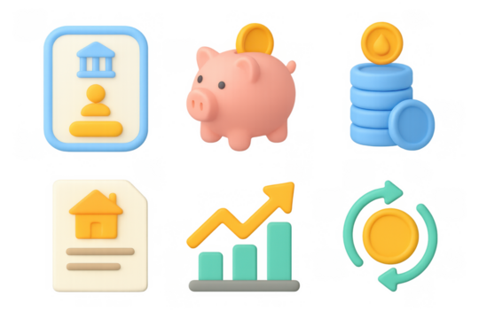 Financial icon set with piggy bank and graph for economic design