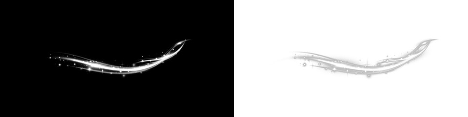 Shiny curved light trail with sparkling stars and glowing motion effect on black background