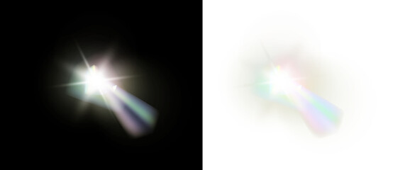 Bright rainbow lens flare with glowing starburst and light beams on black background