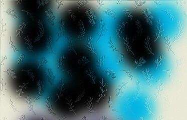 Frosty Cyan and Black Abstract Blurred Background with Seamless Embossed Botanical Sprig Pattern, Modern Winter Nature Template for Greetings, Eco-Design, and Cold Weather Themes