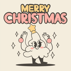Merry Christmas tree mascot poster. Retro style greeting card. Vector illustration.	