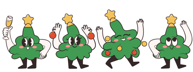 Christmas tree mascots. Various cute groovy emoticon. Retro style vector illustration.	