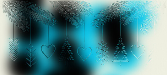 Modern Cyan, Black, and White Blurred Background with Hanging Embossed Geometric Christmas Ornaments and Pine Branches, Perfect for Winter Sales, Holiday Greetings, and Cold Weather Themes