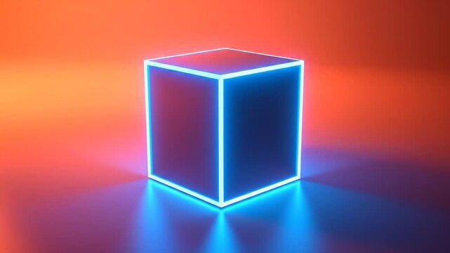 A glowing cube of blue light, emitting radiant rays against a fiery red-orange gradient