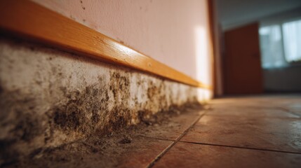 Close-up of mold growth along the floor edges in a residential space, highlighting poor indoor air quality.