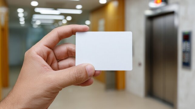 A close-up of a hand holding a blank white card in a modern elevator lobby.