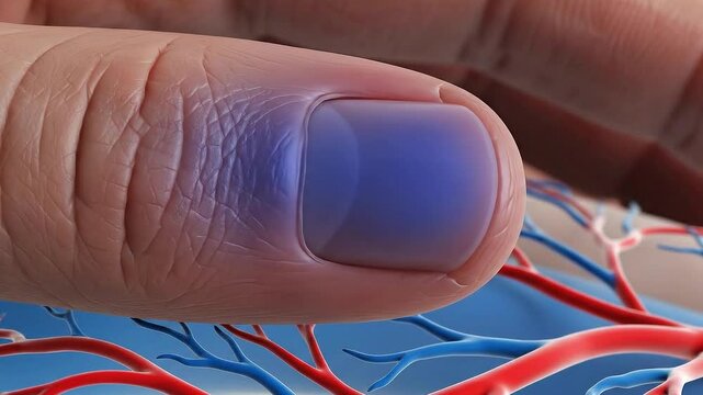 Close Up Medical Illustration Of A Human Fingernail Showing A Healthy Pink Nail Bed And Blood Vessels Below With A Subtle Blue Glow Indicating Inflammation Or