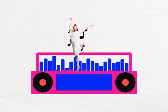 Composite sketch image design trend artwork collage of boombox recorder yong lady stand dance clubber leisure weekend event entertainment
