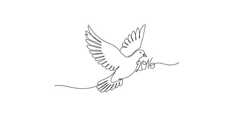Continuous one line of a dove flying with the number 2016, a symbol of peace for the new year, a celebration theme, hand drawn vector illustration.