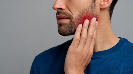 A male with short hair experiences facial pain, touching his jaw with a concerned expression against a gray background.