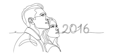 Continuous one line of a couple enjoying new year's eve 2016, celebration theme, hand drawn vector illustration.