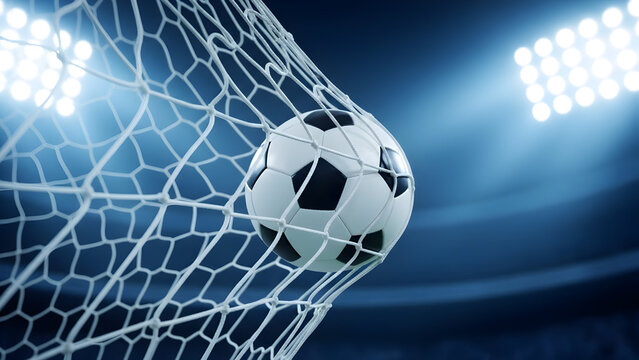 Dramatic soccer ball goal in net under stadium lights at night - Powered by Adobe