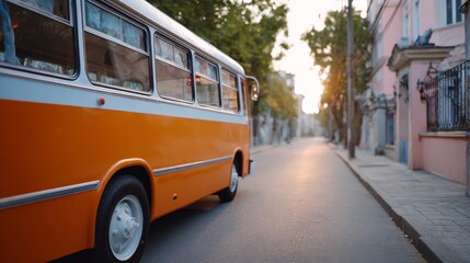 A vibrant orange vintage bus parked on a quiet street during sunset, exuding nostalgia and charm.