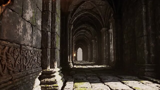 Dark and mysterious ancient castle corridor with flickering torchlight and stone architecture, a journey into the past.