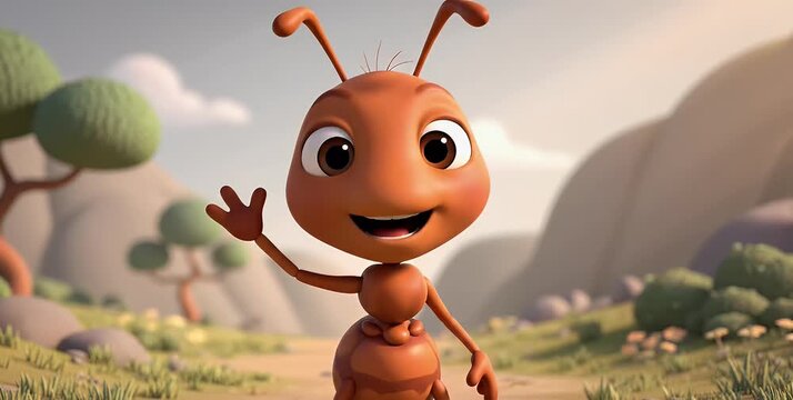 A friendly, cute cartoon ant character waving hello while standing on a path in a natural outdoor setting.