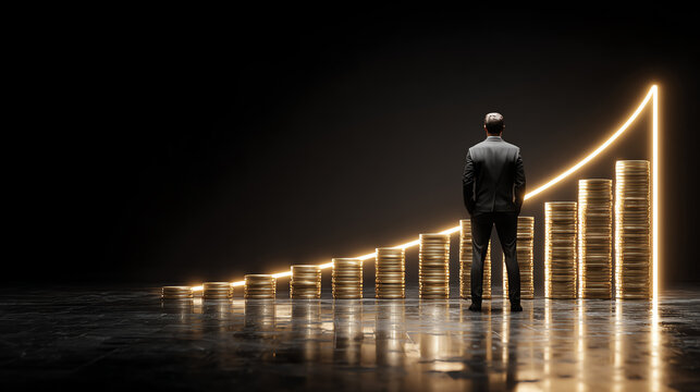 A businessman observing a glowing financial growth chart symbolizing success and progress in a dark environment. - Powered by Adobe