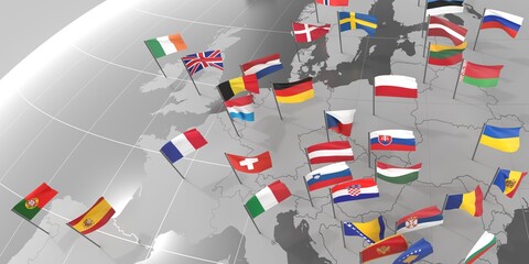 Europe - countries' borders and flags - 3D illustration