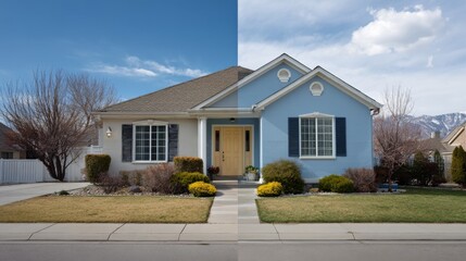 A charming suburban home showcases a beautiful exterior split between vibrant blue and soft beige, framed by lush landscaping.