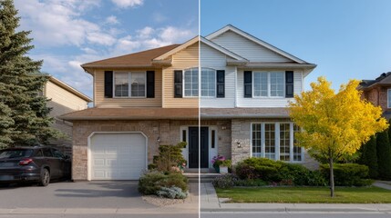 A split view of a charming suburban house showcasing contrasting seasonal appearances, with lush greenery on one side and autumn foliage on the other.