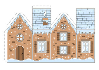 Papercraft, preschool worksheet activity. Paper Christmas house, game for kids. Cut and glue. Vector illustration for Christmas decor. 