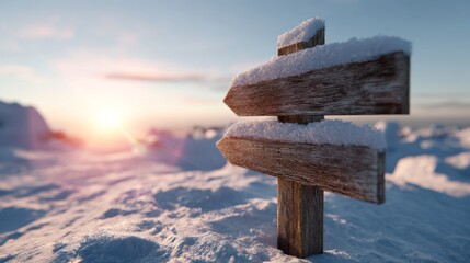 A rustic wooden signpost stands in a snowy landscape, adorned with fresh snow, illuminated by the soft light of dawn.
