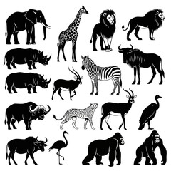 Naklejka premium Collection of various wild animals including elephants, giraffes, lions, rhinos, zebras, and more, illustrated in black and white