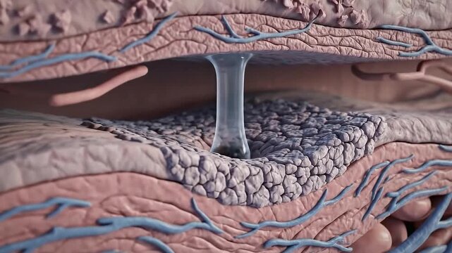Cross Section of Skin Layers with Blue Veins and Underlying Tissue Displayed Against a Soft Background in Detailed Anatomical Rendering for Medical
