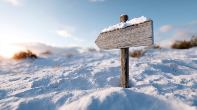 A wooden sign seen in a snowy landscape, pointing the way as sunlight softly illuminates the scene.