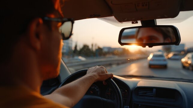 A young Caucasian man driving his car at sunset, reflecting on the road ahead with a thoughtful expression. - Powered by Adobe