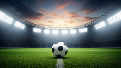 Naklejka premium Soccer ball on field in stadium under dramatic sky with bright lights