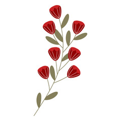 Bouquet of red flowers on a floral vector background with natural leaves and decorative spring elements