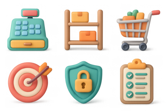 Colorful cartoon icons: shopping, security, and organization concept for design and decor
