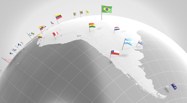 South America countries' borders and flags - 3D illustration
