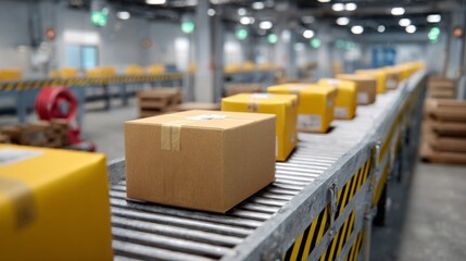 A close-up view of yellow packages moving along a conveyor belt in a modern warehouse setting.