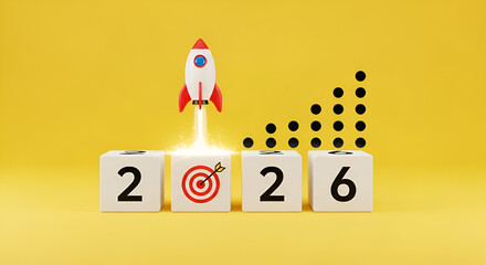 Rocket launching above 2026 cubes with target icon and growth graph on yellow background, symbolizing business startup, creative market, innovation strategy, new year goals, and future success.