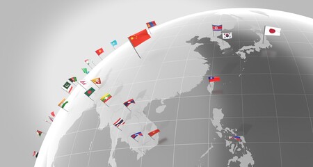 Asia - countries' borders and flags - 3D illustration