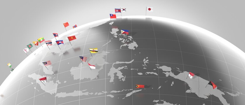 Asia - countries' borders and flags - 3D illustration