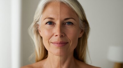 A serene middle-aged woman with silver hair showcases the beauty of aging on one side, highlighting natural features and grace.