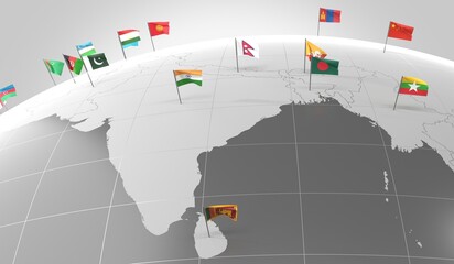 Asia - countries' borders and flags - 3D illustration