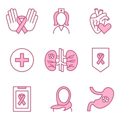 Vector linear color pink icons. Medicine, fight against cancer