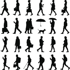 Vector illustration set of black fashion silhouettes for business people, women, men, couples, and children performing sport and dance action