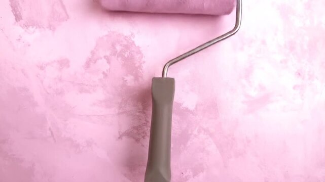 A close-up shot of a paint roller applying a layer of pink paint on a textured surface