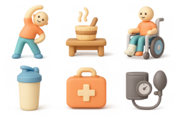 Fitness and wellness icon set featuring exercise, sauna, and health monitoring